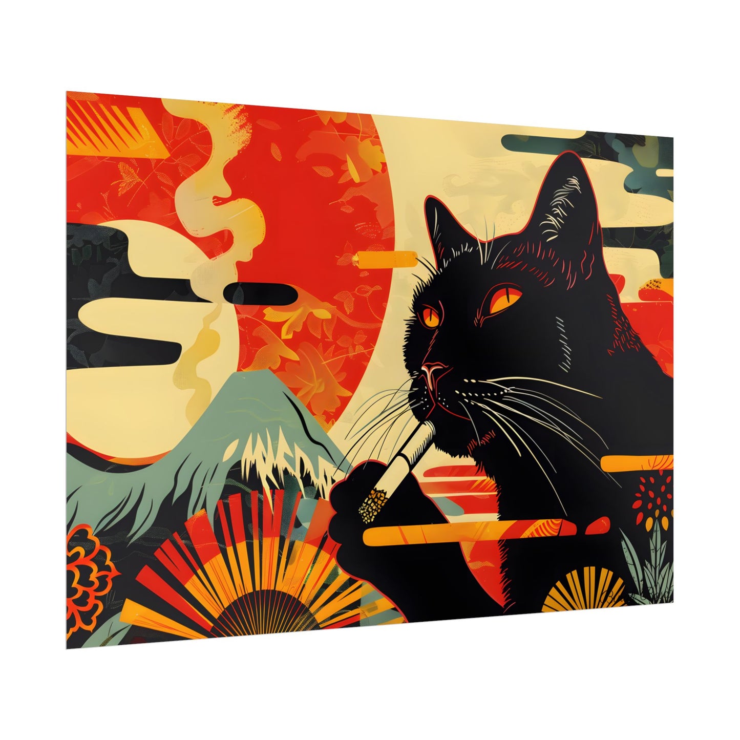 Whimsical Cat Smoking: Red & White Stripe Artwork - Poster