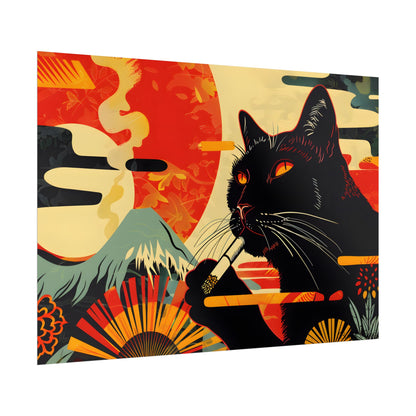 Whimsical Cat Smoking: Red & White Stripe Artwork - Poster