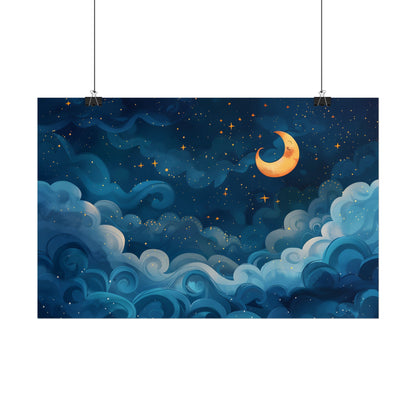 Surreal Night Sky Dreamscape: Whimsical Stars and Clouds Art - Poster