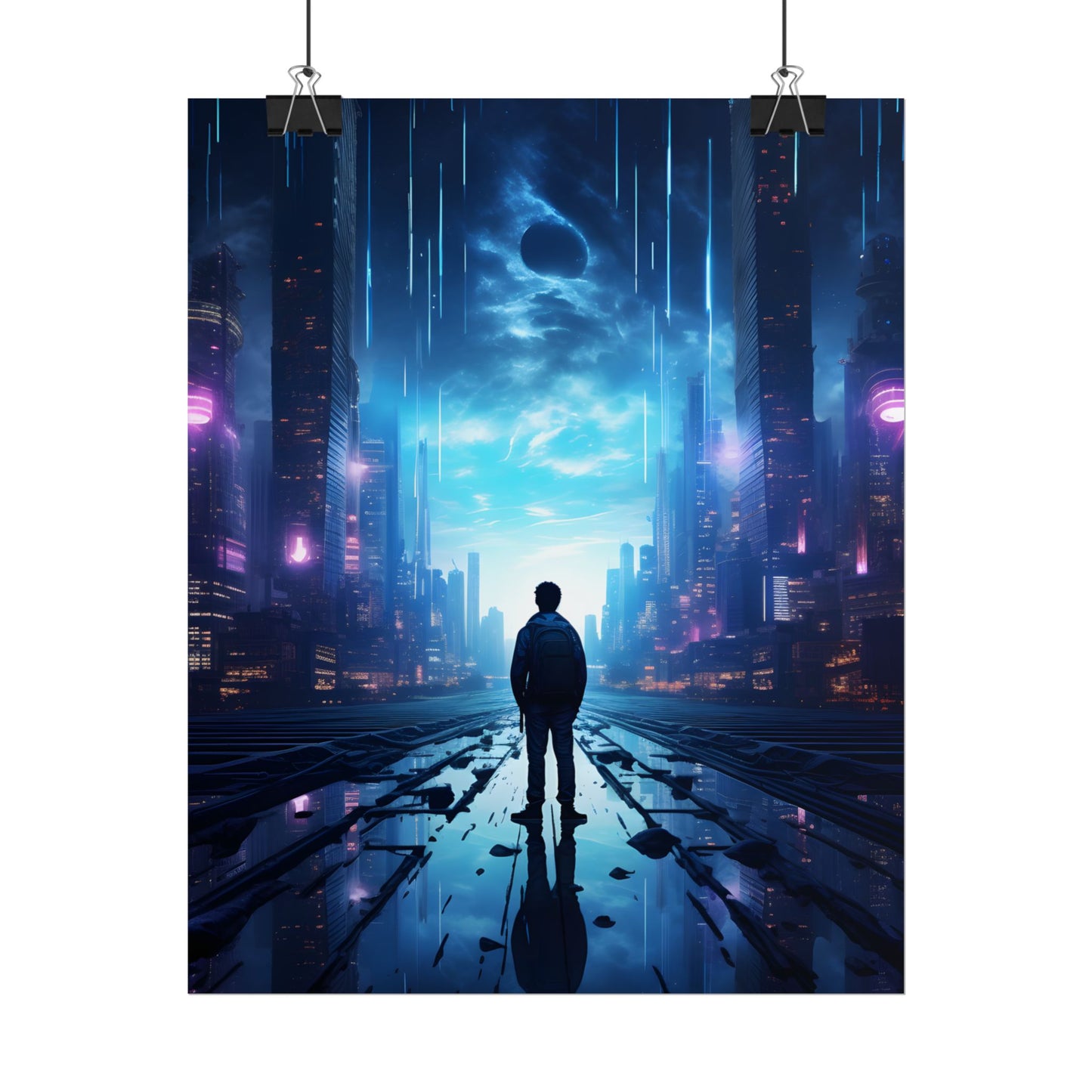 Cyberpunk Cityscape at Night: Melancholic Landscape Digital Art - Poster