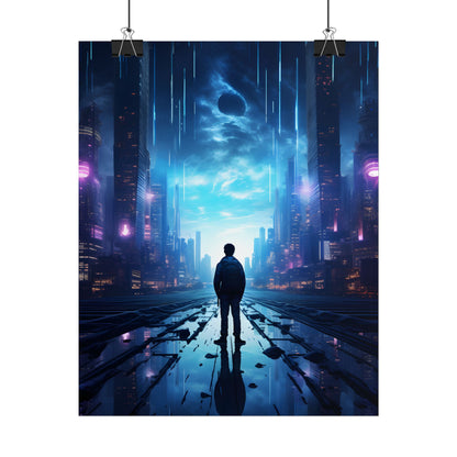Cyberpunk Cityscape at Night: Melancholic Landscape Digital Art - Poster