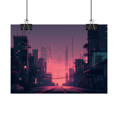 Cyberpunk Nighttime Cityscape: Melancholic Mood - Poster