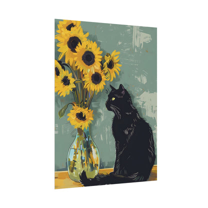 Whispers in the Sun: A Black Cat's Serene Moment with Sunflowers - Poster