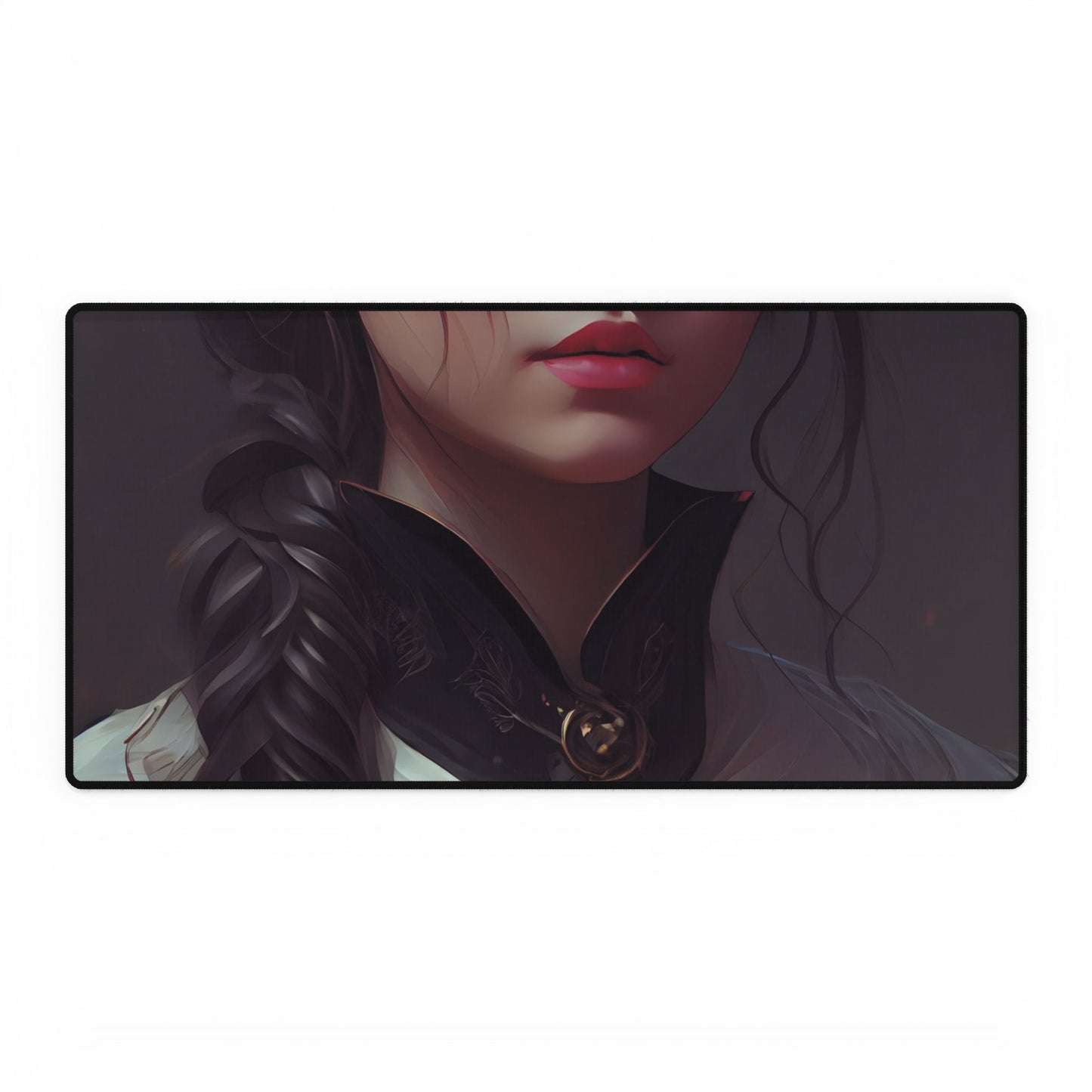Realistic Female Portrait in Black Hair and Dress - Desk Mat