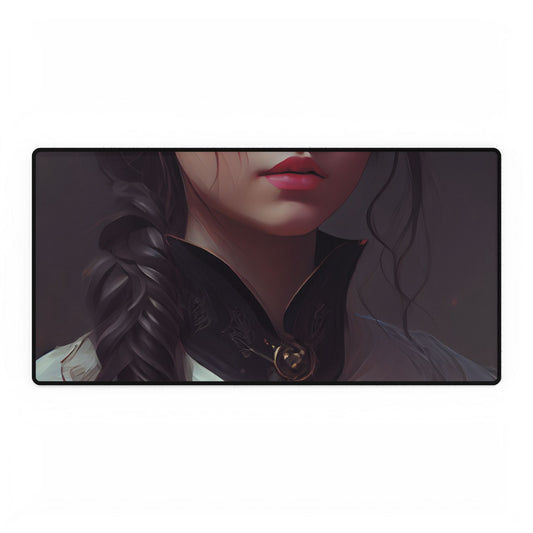 Realistic Female Portrait in Black Hair and Dress - Desk Mat