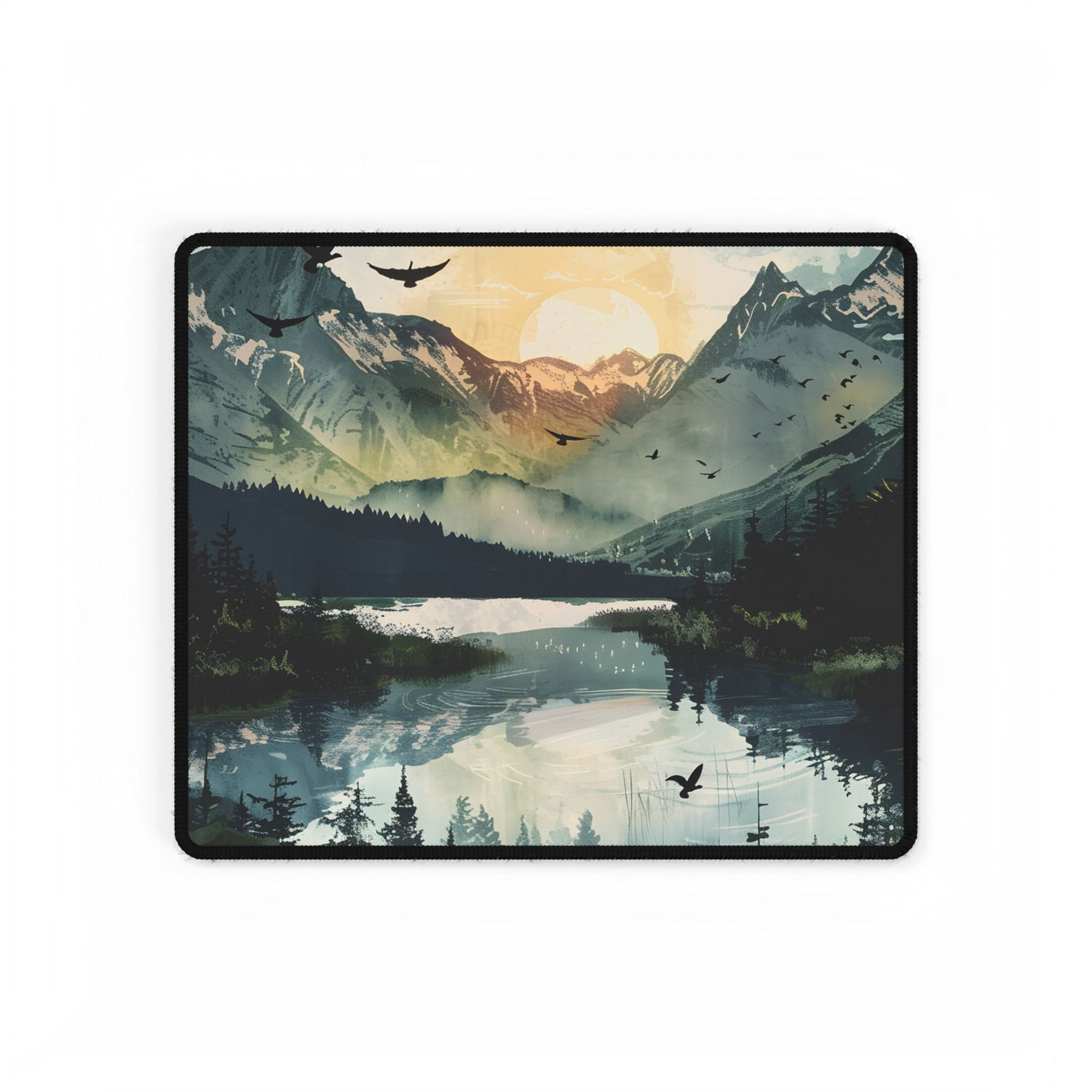 Serene Mountain Lake: Birds in Flight - Natural Art - Desk Mat
