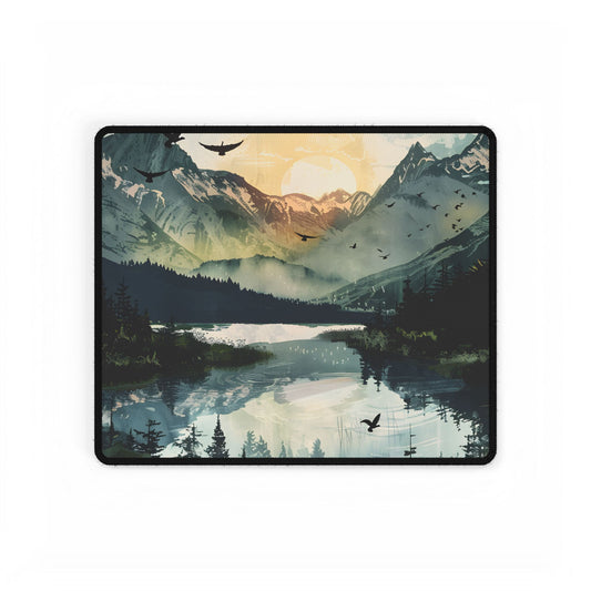 Serene Mountain Lake: Birds in Flight - Natural Art - Desk Mat