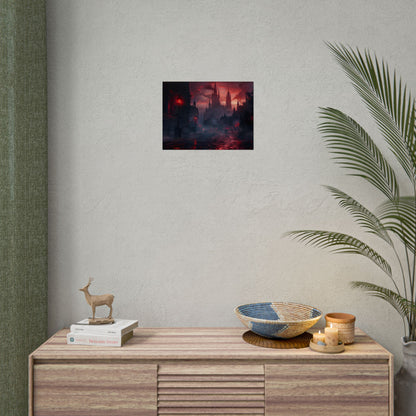 Gothic City Dusk: Pointed Arches and Misty Atmosphere - Poster