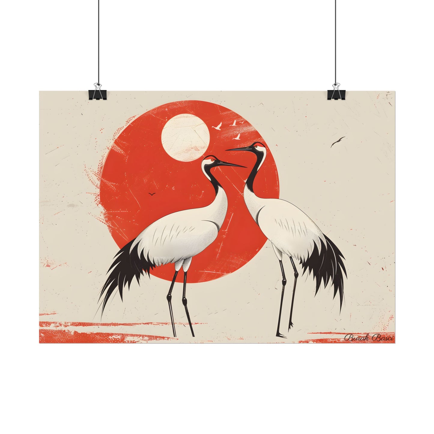 Serene Wildlife Sanctuary: Cranes in Red Nature Scene Art - Poster