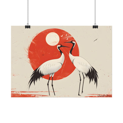 Serene Wildlife Sanctuary: Cranes in Red Nature Scene Art - Poster