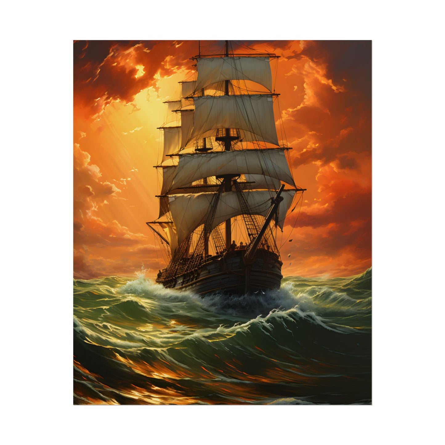 Nature's Serenity: Realistic Oil Painting of a Green Ship - Poster