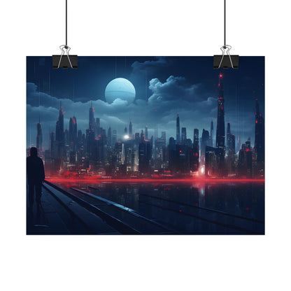 Melancholic Night: A Solo Figure in Cyberpunk Cityscape - Poster