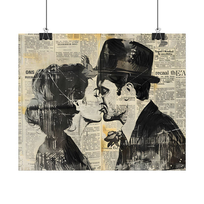 Vintage Romance Couples: Newsprint Artwork - Intimate Moments - Poster