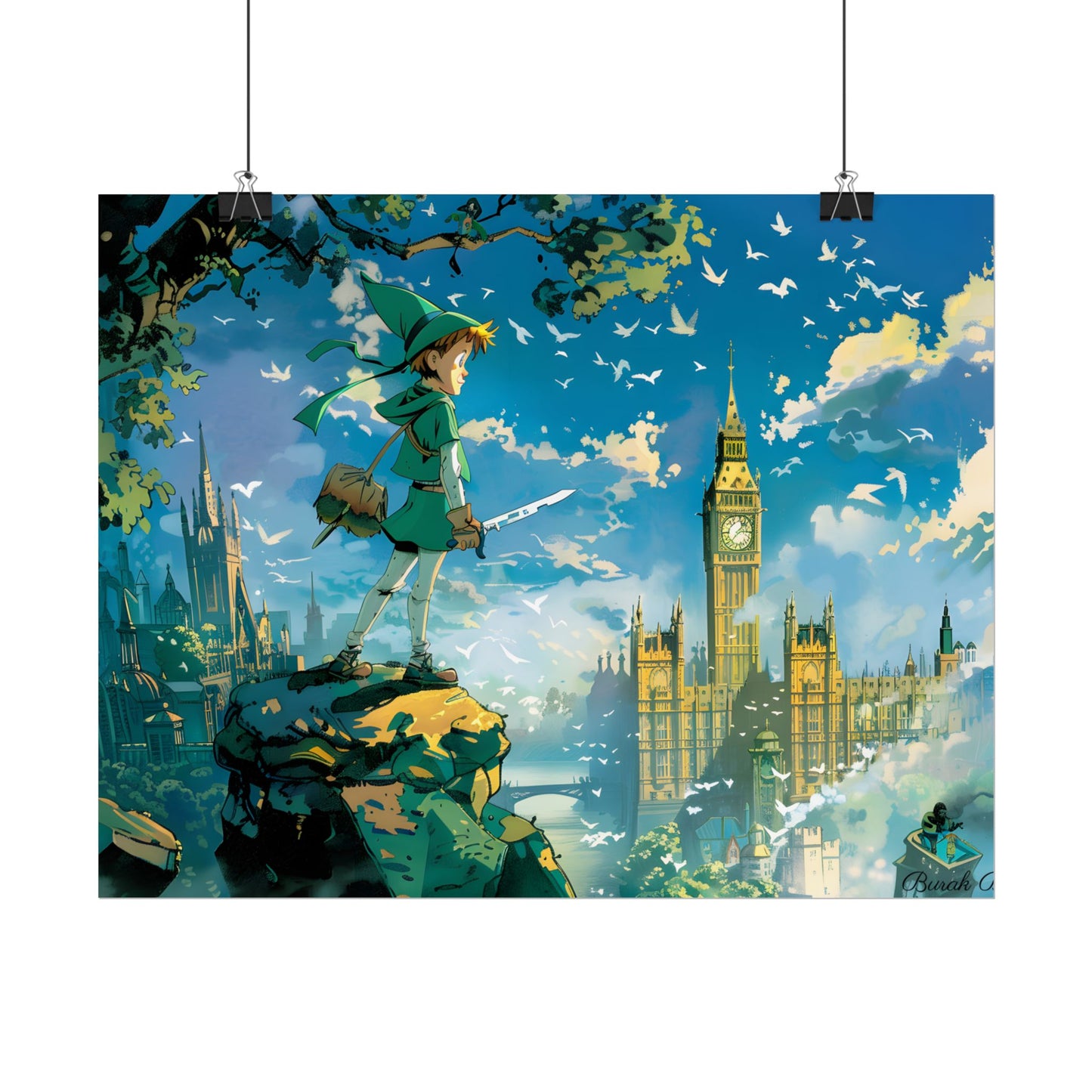 Whimsical Boy in Green: Colorful Illustration Artwork - Poster