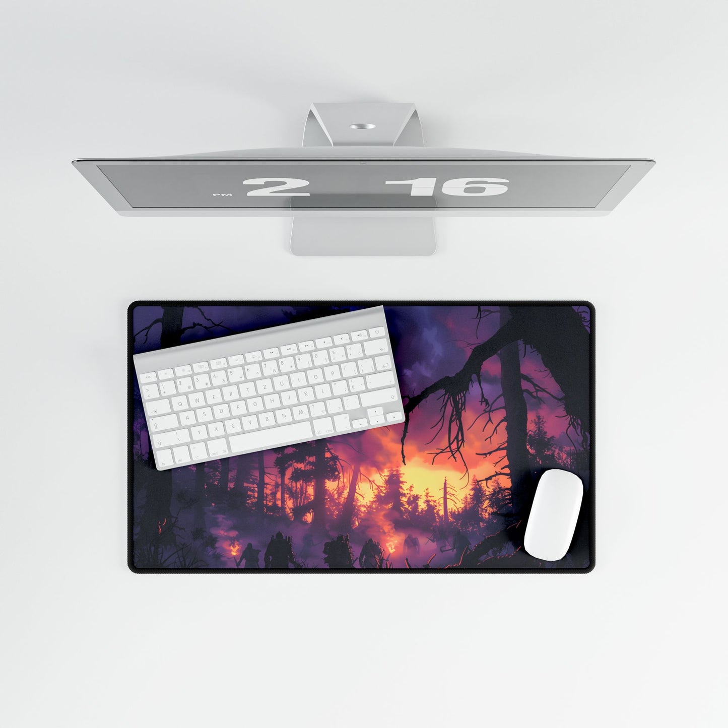 Misty Forest Sunset: Serene Hike Digital Art - Desk Mat