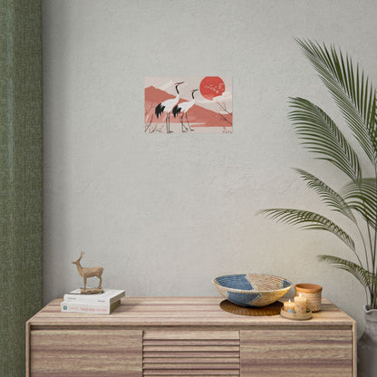 Serene Landscape with Cranes: Peaceful Nature Art - Poster