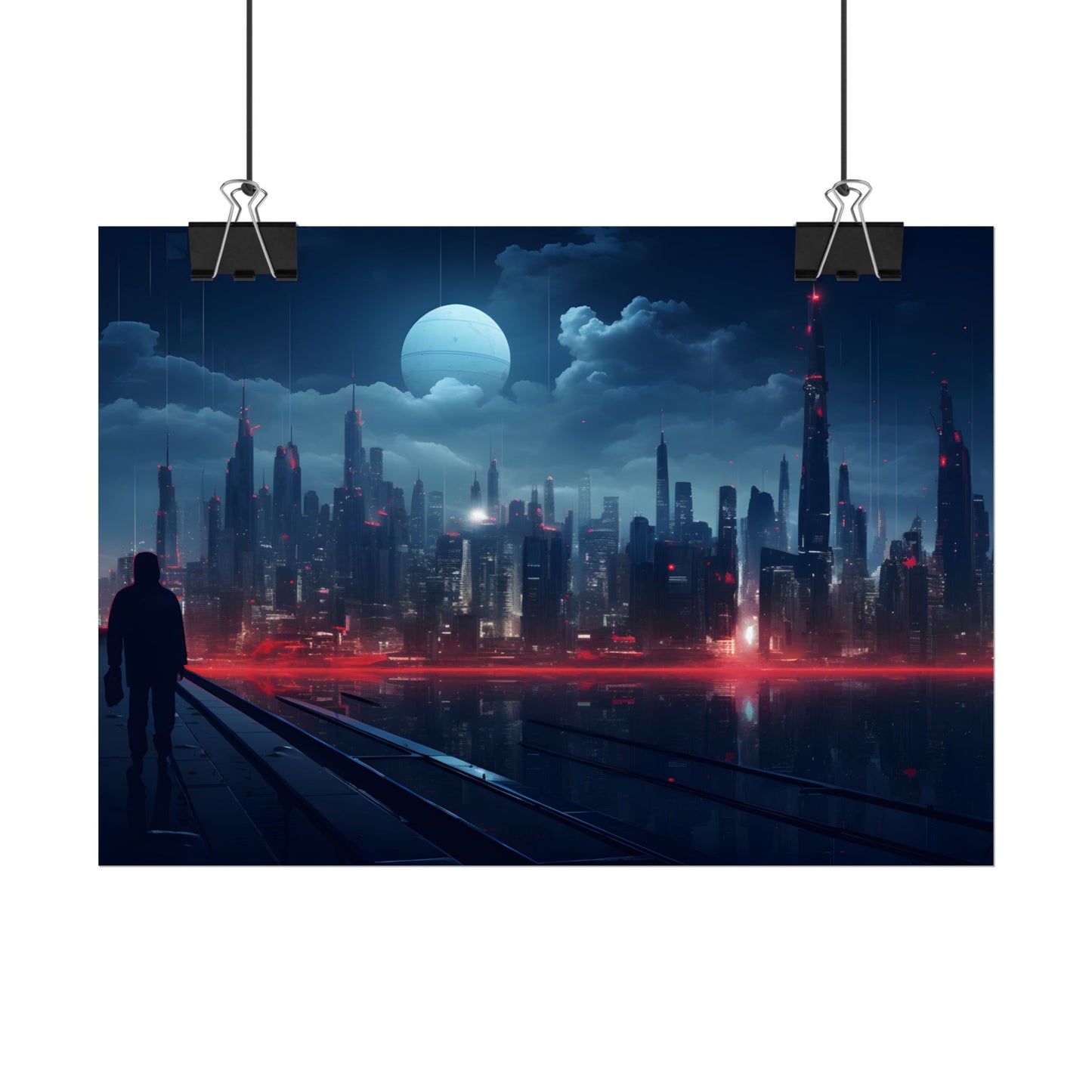 Melancholic Night: A Solo Figure in Cyberpunk Cityscape - Poster
