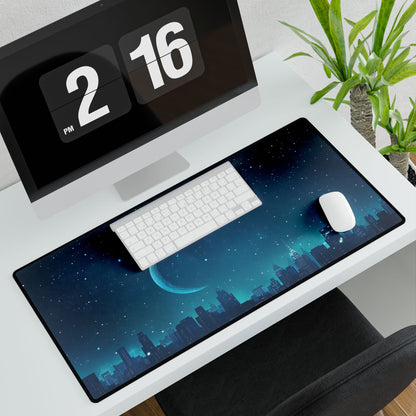 Starry Night Sky: Tranquil Dark Blue Scene with Crescent Moon - Desk Mat