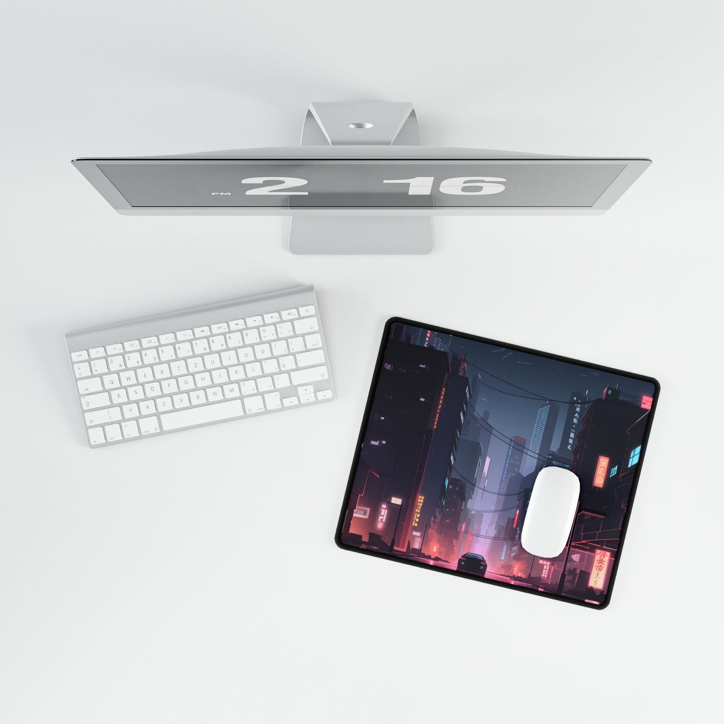 Cyberpunk Night: Melancholic Urban Landscape Artwork - Desk Mat