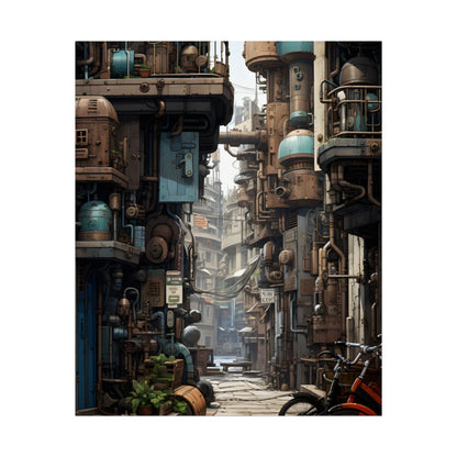 Steampunk Urban Decay: Post-Apocalyptic Cityscape at Dusk - Poster
