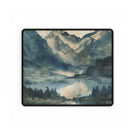 Serene Mountain Landscape: Wildlife Art with Birds in Flight - Desk Mat
