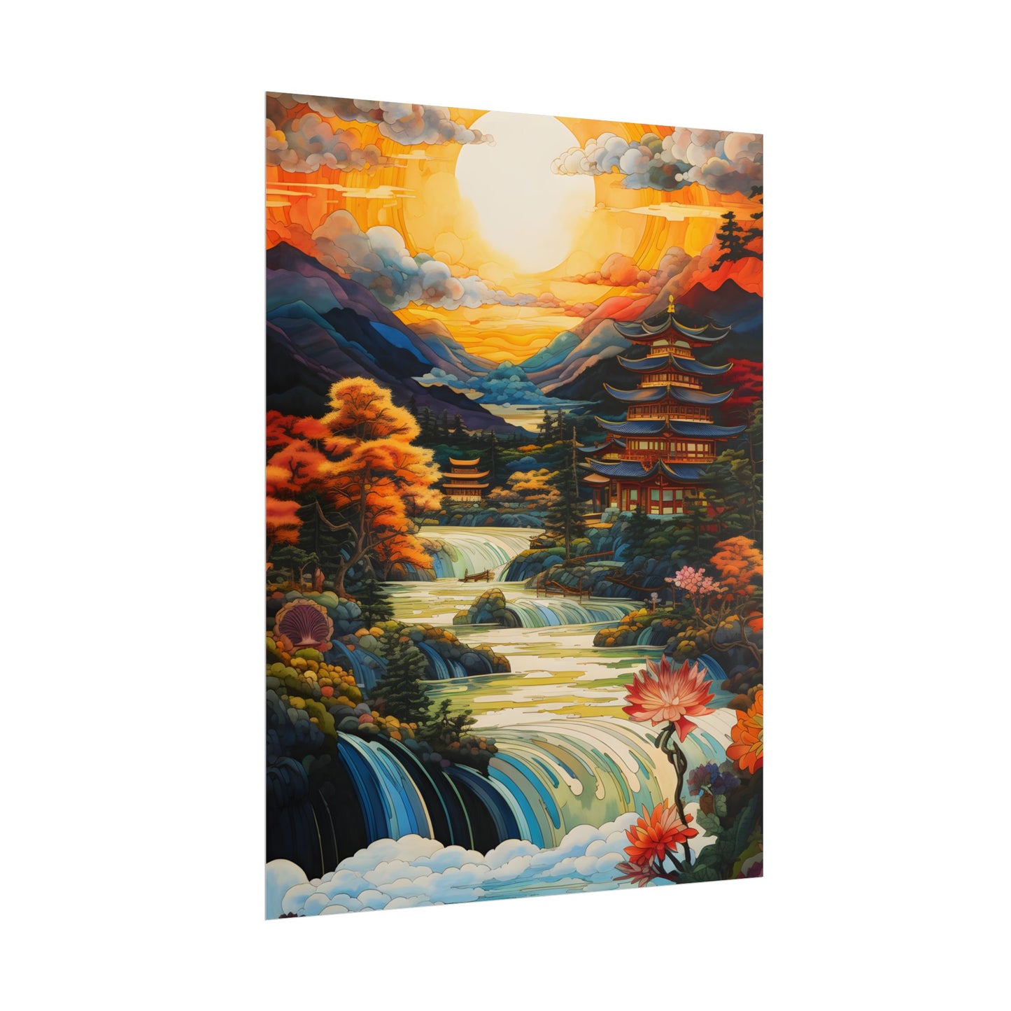 Peaceful Japanese River Landscape with Flowers: Serene Artwork - Poster