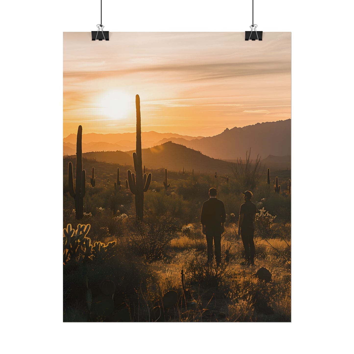 Desert Sunset Serenity: Two Friends Standing Together - Poster
