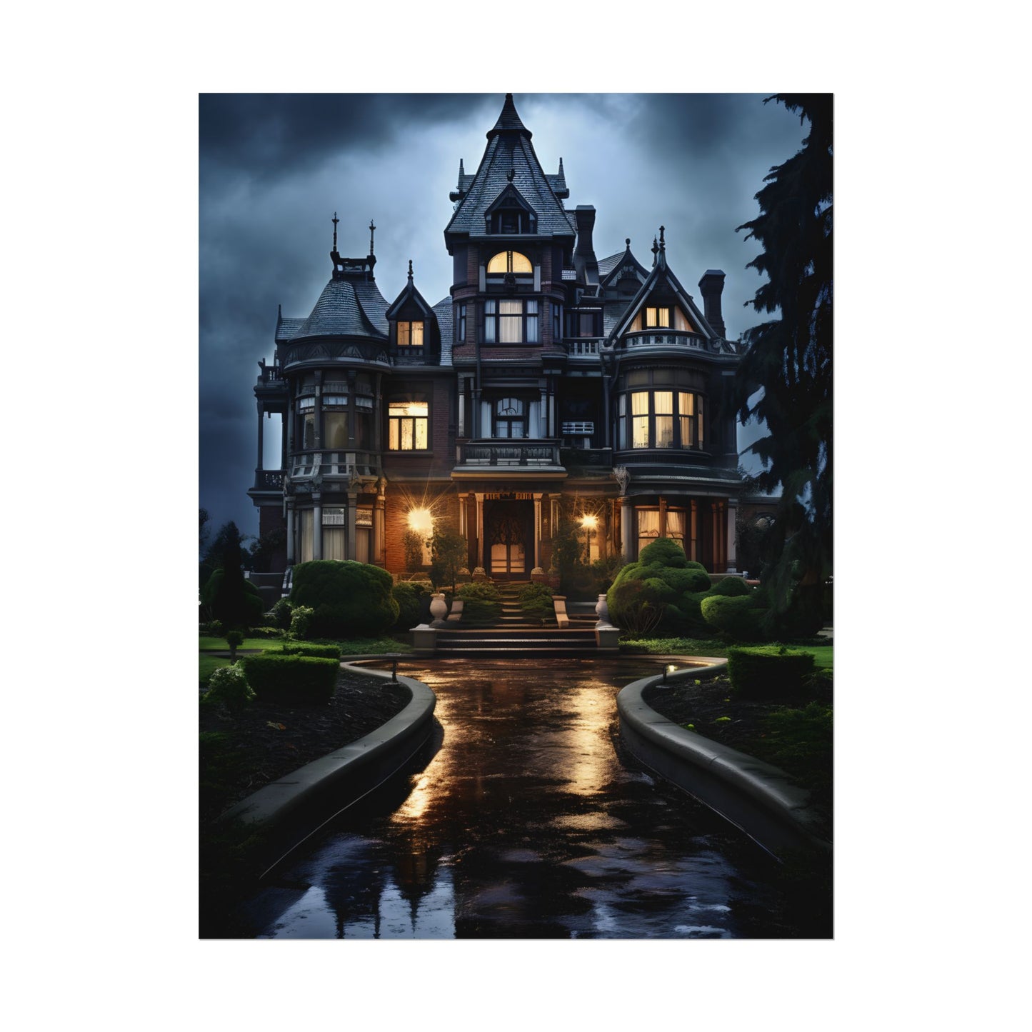 Haunted Victorian Mansion: Spooky Stormy Night Art - Poster