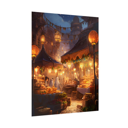 Magical Street Food Market: A Colorful Nighttime Scene - Poster