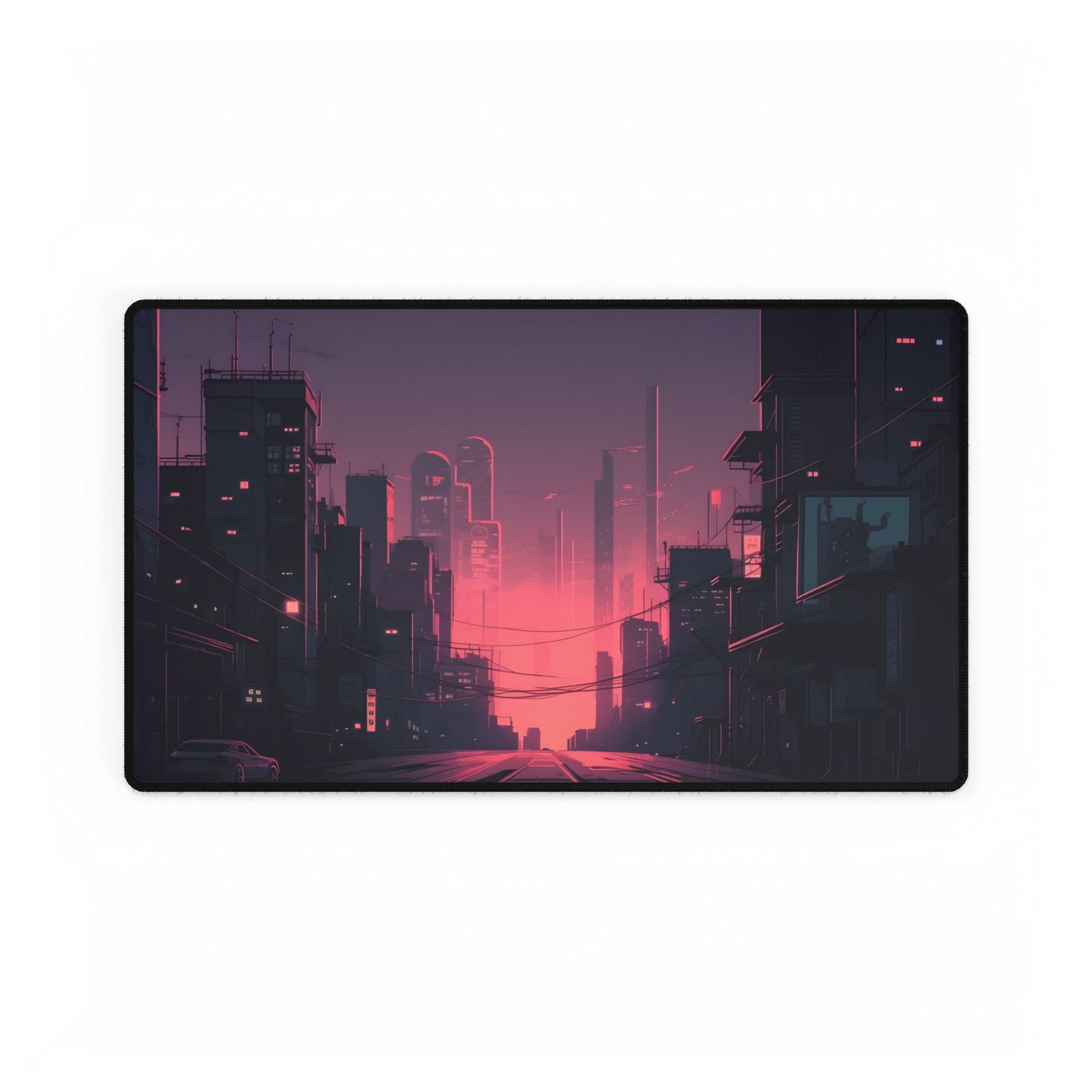 Cyberpunk Nighttime Cityscape: Melancholic Mood - Desk Mat