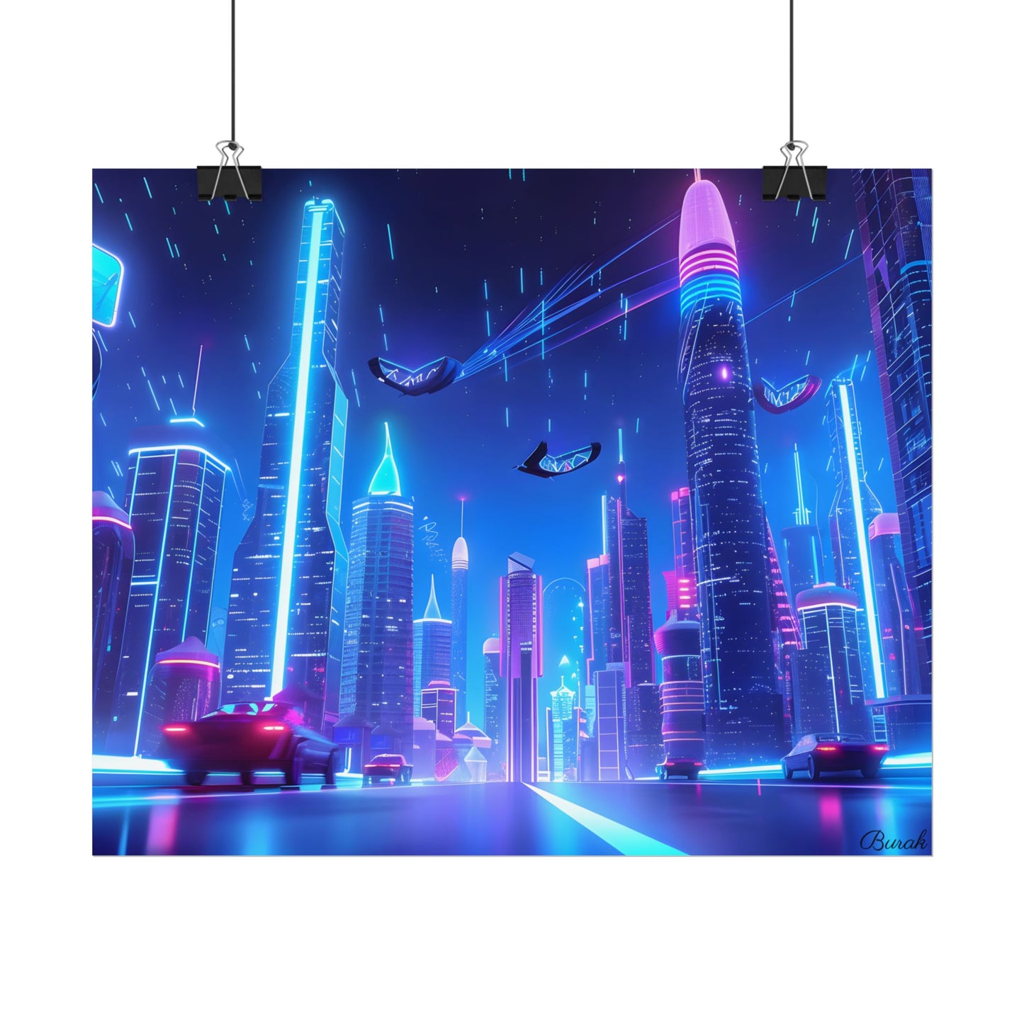 Vibrant Futuristic Cityscape: Neon Lights at Night Digital Artwork - Poster