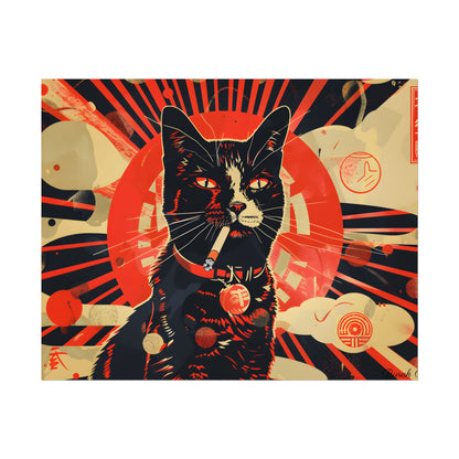 Vintage Whimsy: Cat Smokes Cigarette on Blue Background - Poster