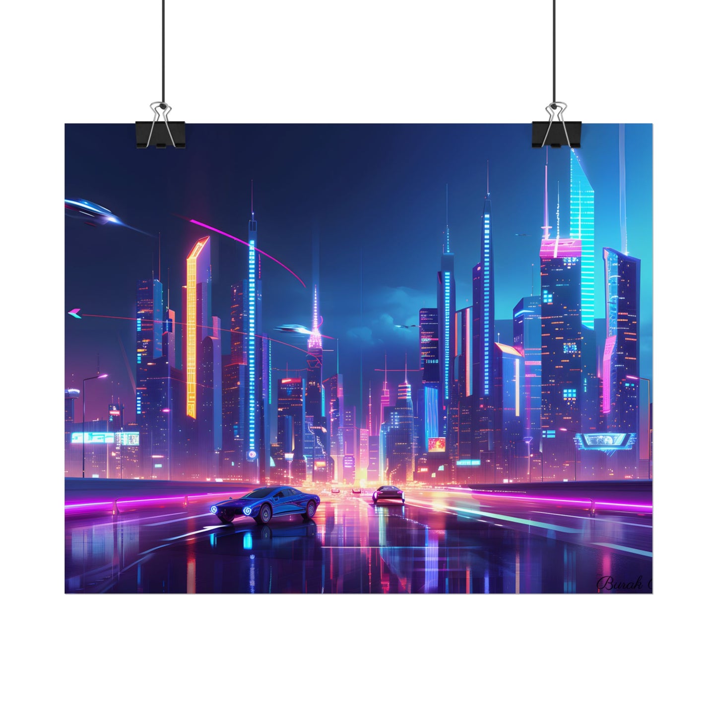 Futuristic City Glow: Neon Lights Digital Art - Poster