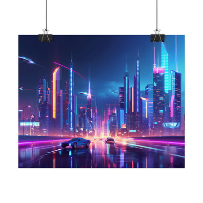 Futuristic City Glow: Neon Lights Digital Art - Poster