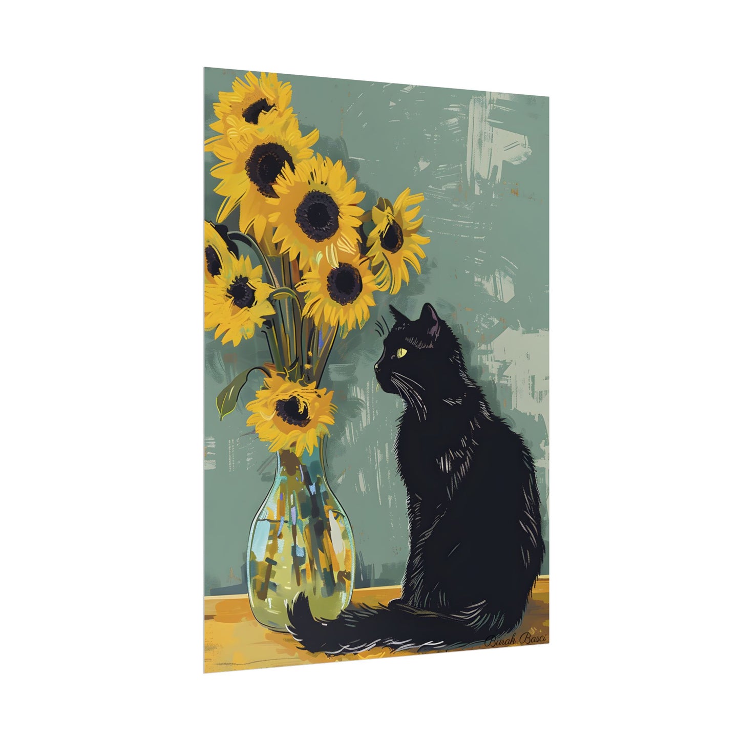 Whispers in the Sun: A Black Cat's Serene Moment with Sunflowers - Poster