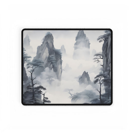 Chinese Ink Tranquility: Serene Mirrored Lakescape - Desk Mat