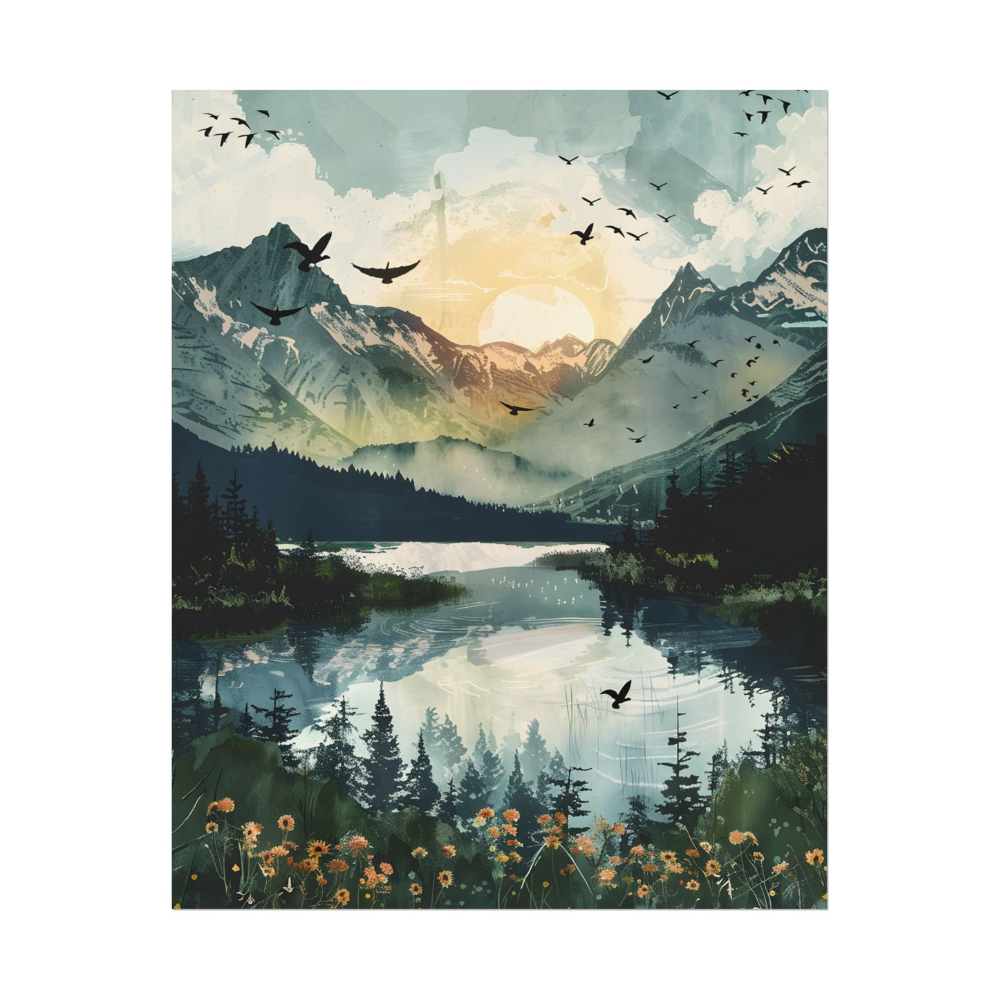 Serene Mountain Lake: Birds in Flight - Natural Art - Poster
