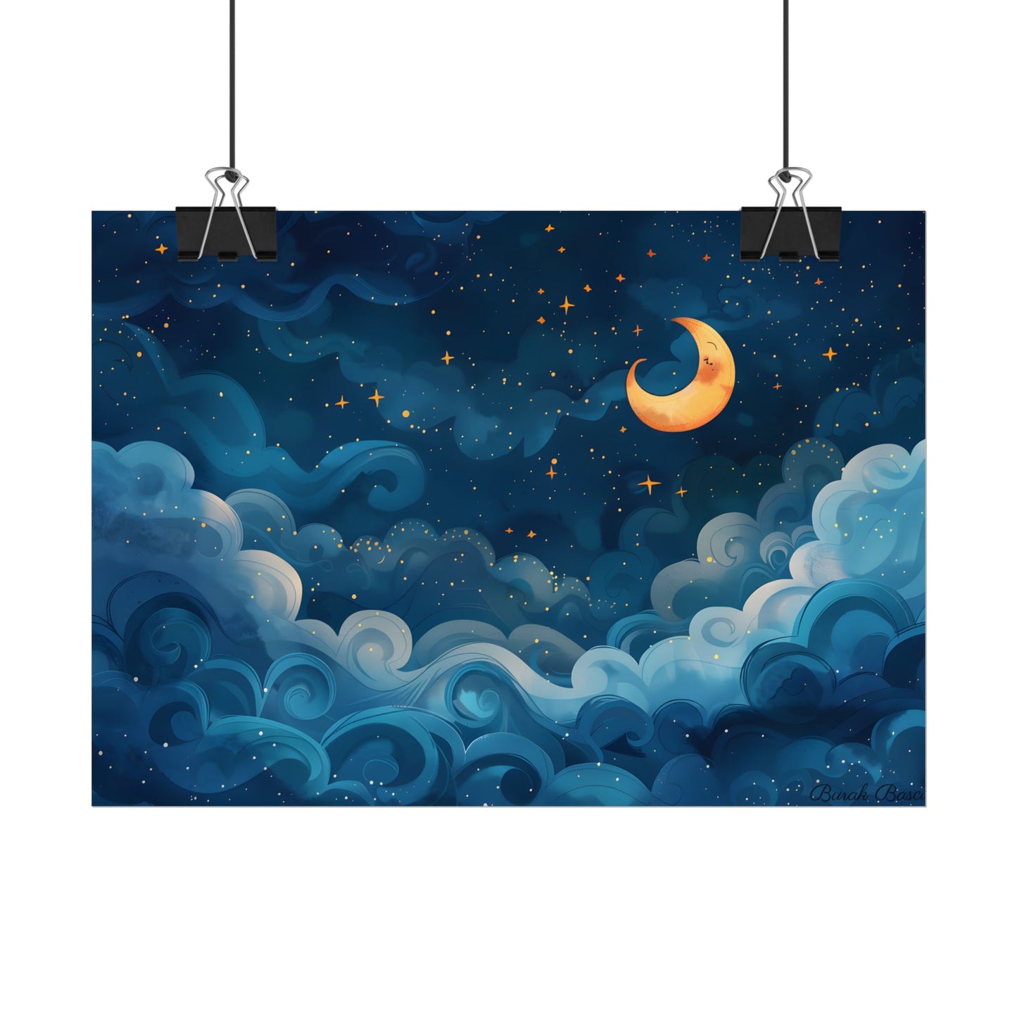 Surreal Night Sky Dreamscape: Whimsical Stars and Clouds Art - Poster
