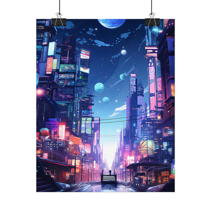 Melancholic Night in Cyberpunk City: Urban Landscape Art - Poster