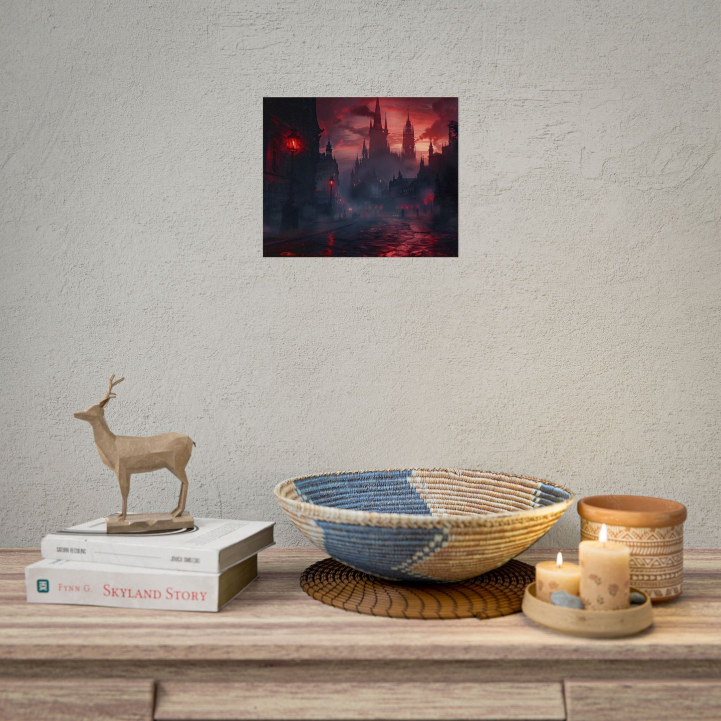 Gothic City Dusk: Pointed Arches and Misty Atmosphere - Poster