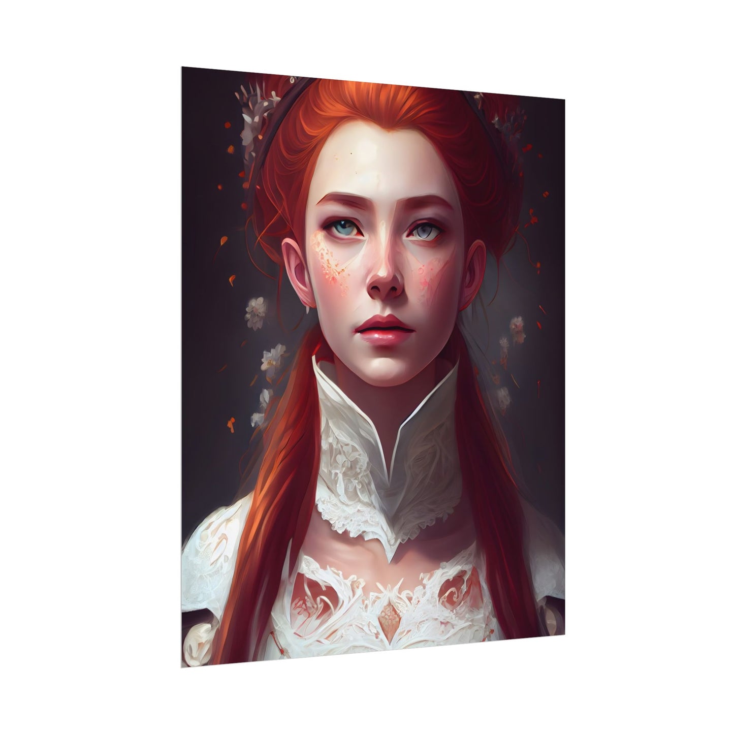 Soft Glow Redhead Portrait: Elegant Female Artwork in Dress - Poster