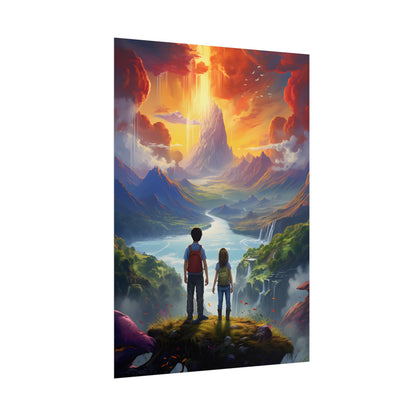 Girl, Boy, Meadow: A Peaceful Cloudy Day Artwork - Poster