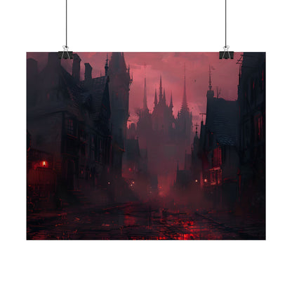 Dark Gothic Cityscape: A Serene Misty Dusk Scene - Poster