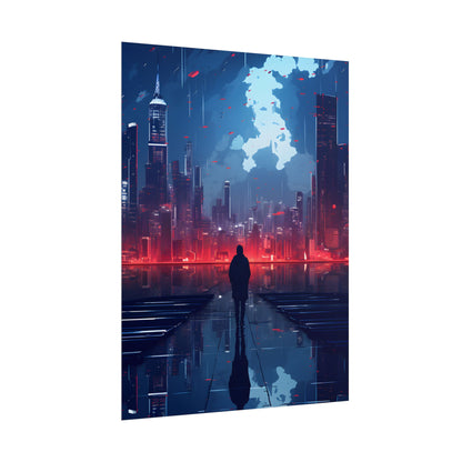 Cyberpunk Night Cityscape: A Melancholic Moment - Poster