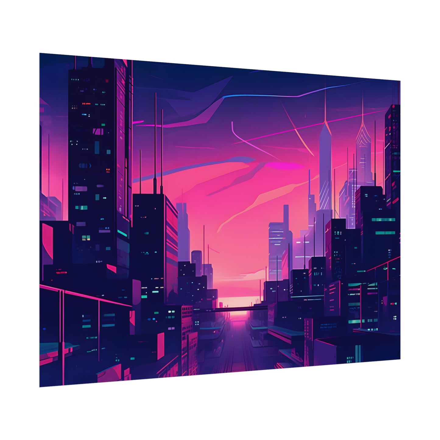 Melancholic Cyberpunk Cityscape: Neon Night Digital Art - Poster