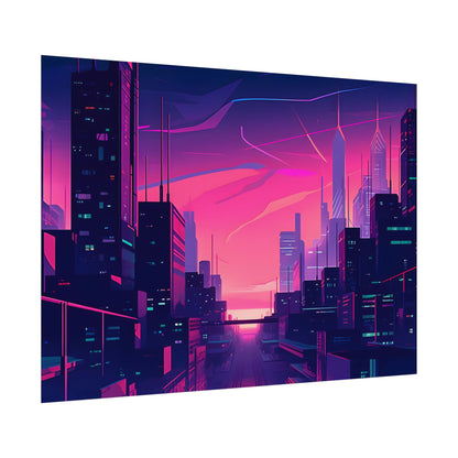 Melancholic Cyberpunk Cityscape: Neon Night Digital Art - Poster