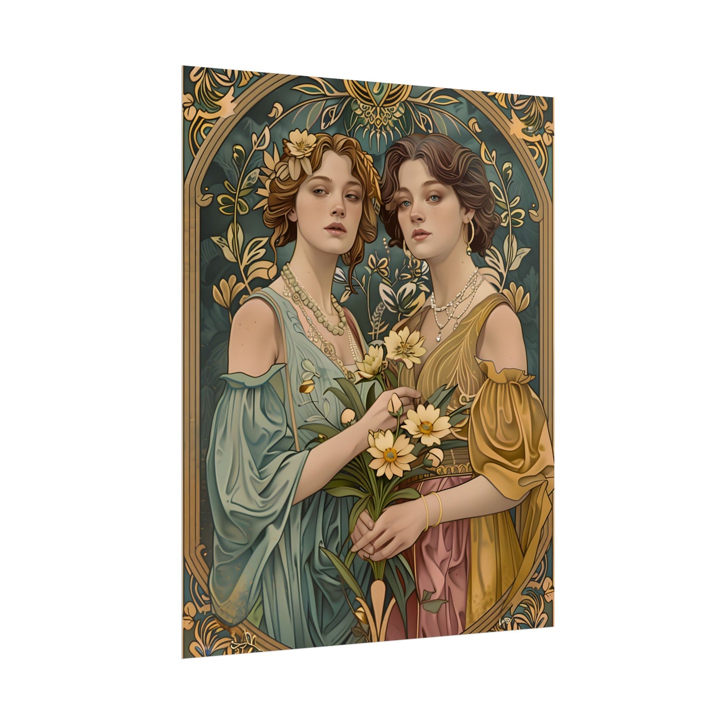 Two Women in Ornate Attire Holding Primr: Traditional Turkish Artwork - Poster
