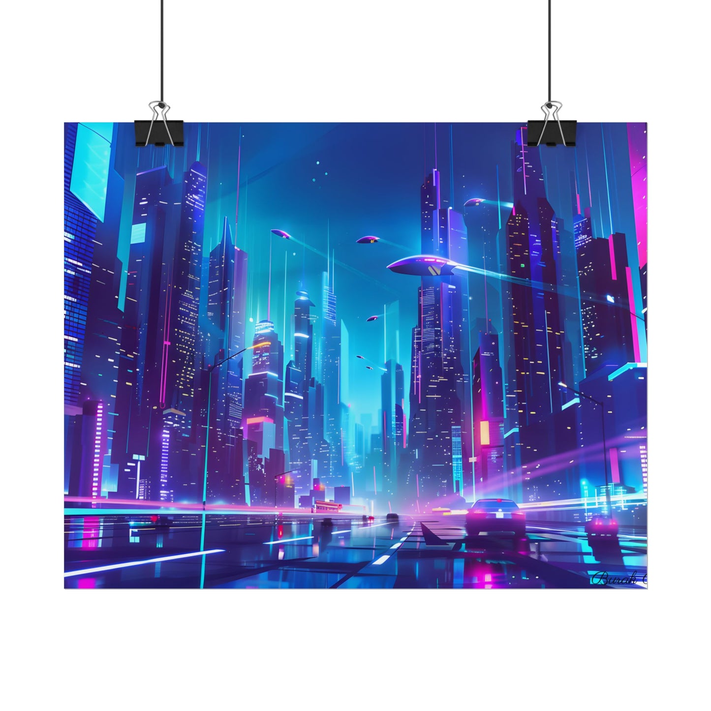 Futuristic Neon City: Towering Skyscrapers in a Vibrant Nighttime Sky - Poster