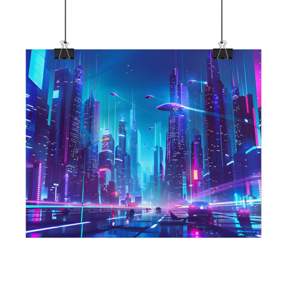 Futuristic Neon City: Towering Skyscrapers in a Vibrant Nighttime Sky - Poster
