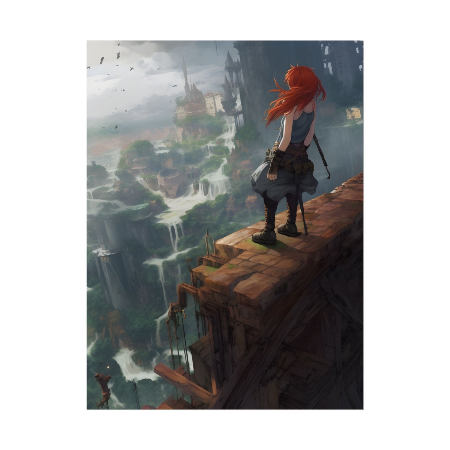 Red Haired Anime Female: Dynamic Birds Eye View Artwork - Poster